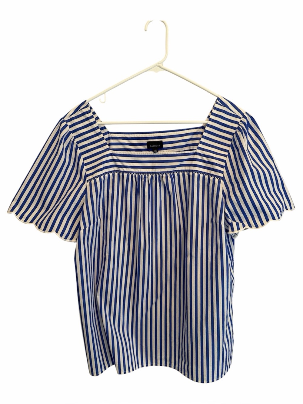 Talbots Blue & White Striped Square-Neck Top with Scalloped Sleeves. Size. XL